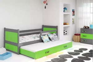 Lit ado gigogne Rico 90X190 avec matelas et tiroir, gris/vert