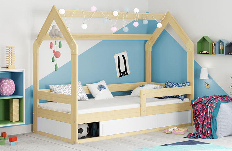 Lit enfant simple Cabane 80X160 avec matelas et rangement, pin