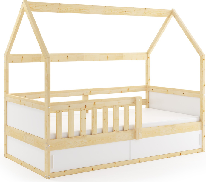 Lit enfant simple Smart 2 Cabane 80X160 avec rangement, bois naturel
