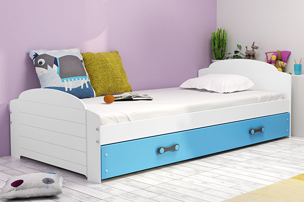 Lit ado simple Lili 90X200 avec matelas et tiroir, blanc/bleu