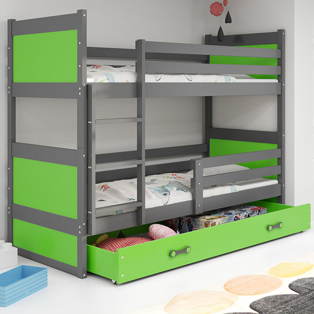 Lit ado superposé Rico 90X200 avec matelas et tiroir, gris/vert
