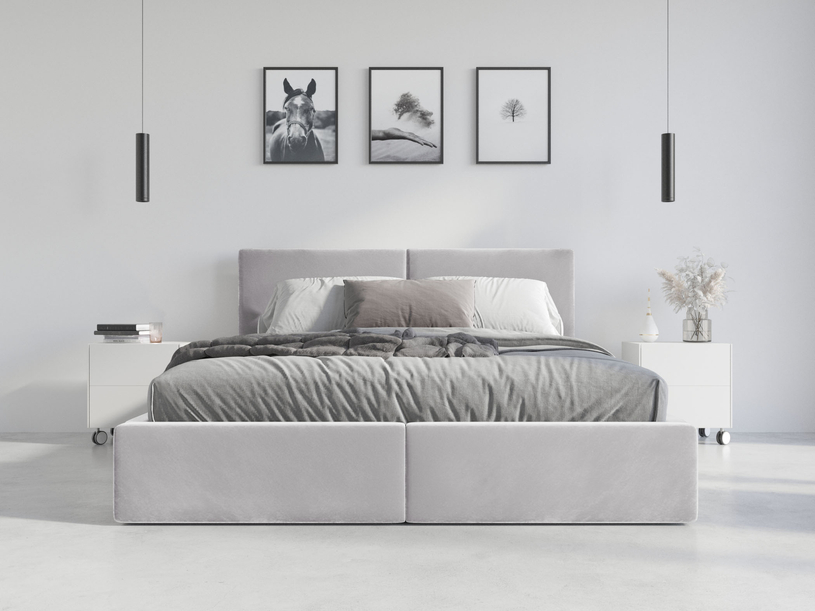 Lit double rembourré Le Hilton 140X200 avec matelas et coffre, gris clair