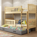 Lit ado superposé 3 places Jacquot 90X190 avec matelas et tiroir, pin/gris