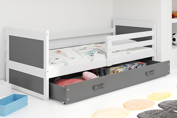 Lit ado simple Rico 90X200 avec tiroir, blanc/gris