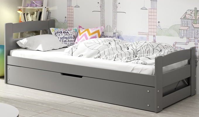 Lit ado simple Erni 90X200 avec matelas et coffre, gris