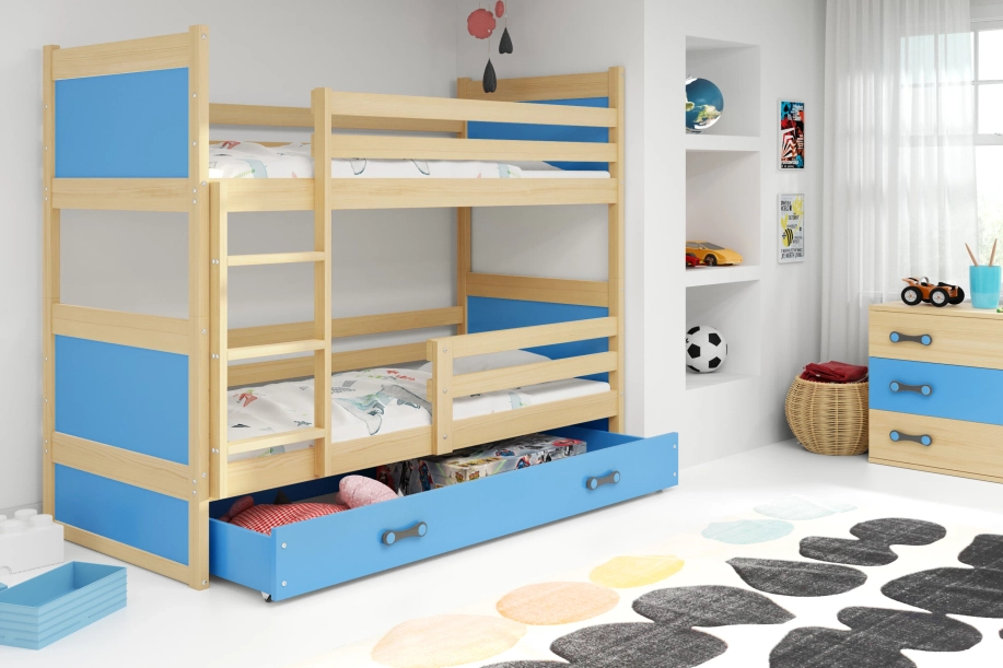 Lit ado superposé Rico 90X200 avec matelas et tiroir, pin/bleu