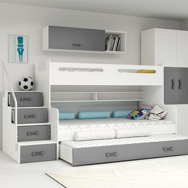 Lit ado superposé 3 places Max 3 120X200 avec matelas et tiroir, gris