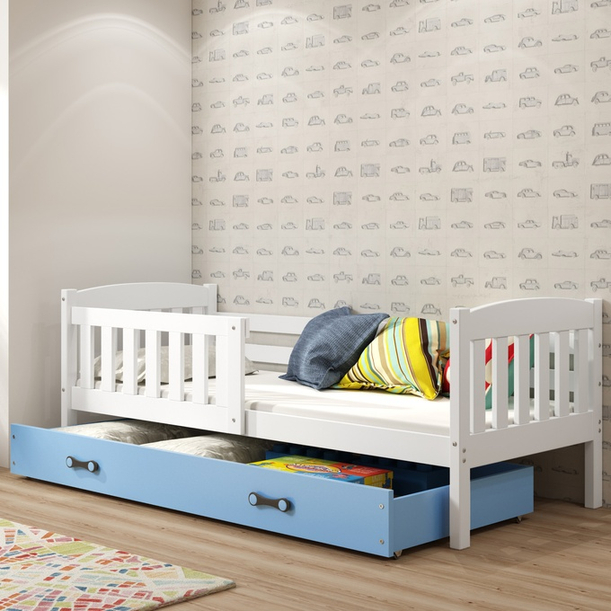 Lit ado simple Jacquot 90X190 avec tiroir, blanc/bleu