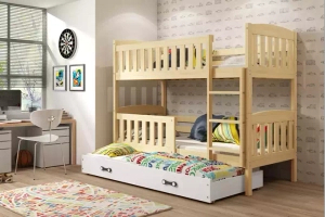 Lit ado superposé 3 places Jacquot 90X190 avec matelas et tiroir, pin/blanc