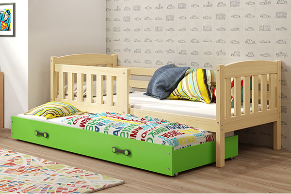 Lit ado gigogne Jacquot 90X200 avec matelas et tiroir, pin/vert