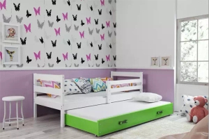 Lit ado gigogne Éric 90X190 avec matelas et tiroir, blanc/vert