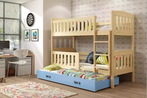 Lit ado superposé 3 places Jacquot 90X190 avec matelas et tiroir, pin/bleu