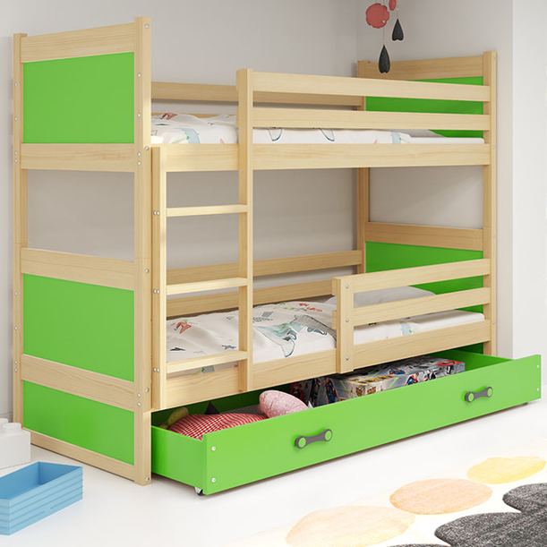 Lit ado superposé Rico 90X200 avec matelas et tiroir, pin/vert
