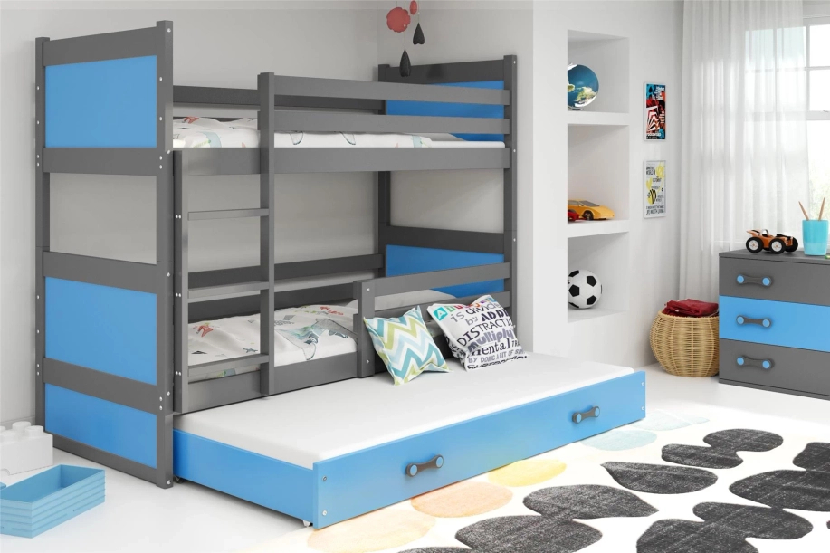 Lit ado superposé 3 places Rico 90X190 avec matelas et tiroir, gris/bleu