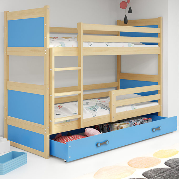 Lit ado superposé Rico 90X200 avec matelas et tiroir, pin/bleu