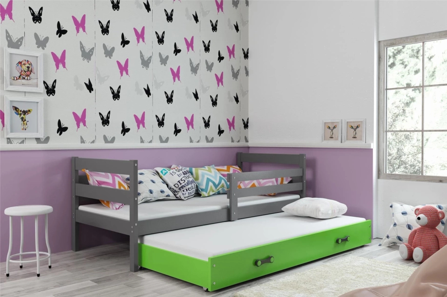 Lit ado gigogne Éric 90X190 avec matelas et tiroir, gris/vert