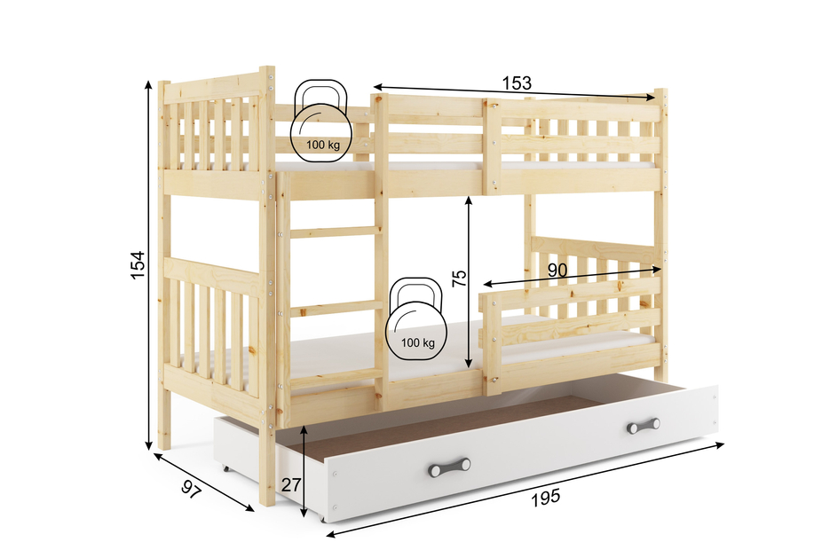Lit ado superposé Gaspard 90X190 avec matelas et tiroir, bois naturel/blanc