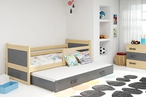 Lit ado gigogne Rico 90X200 avec matelas et tiroir, pin/gris