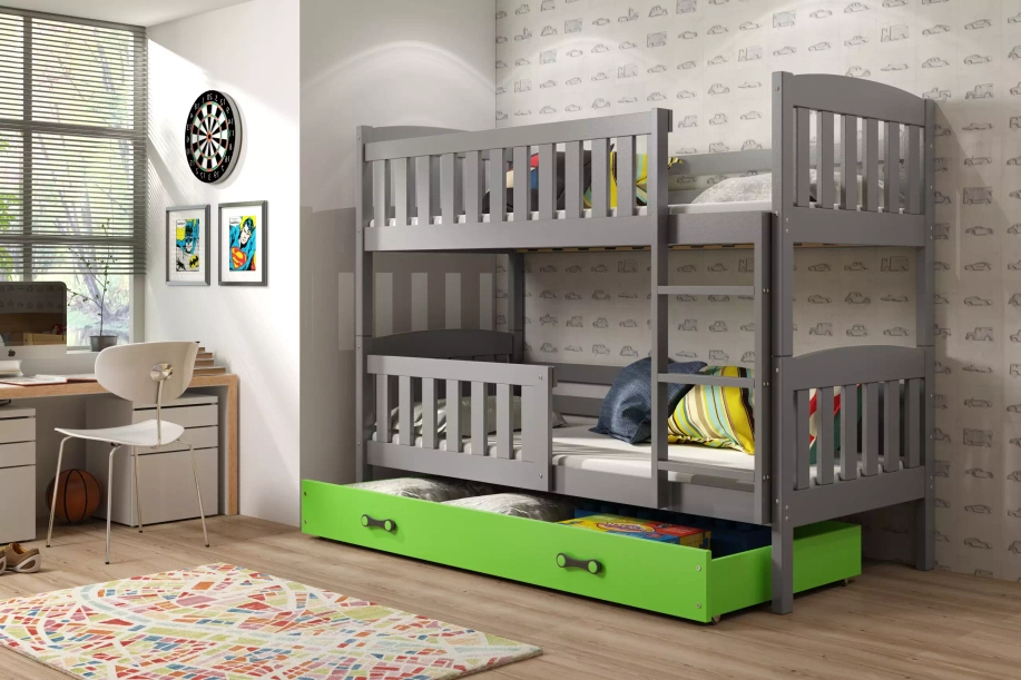 Lit ado superposé Jacquot 90X200 avec matelas et tiroir, gris/vert