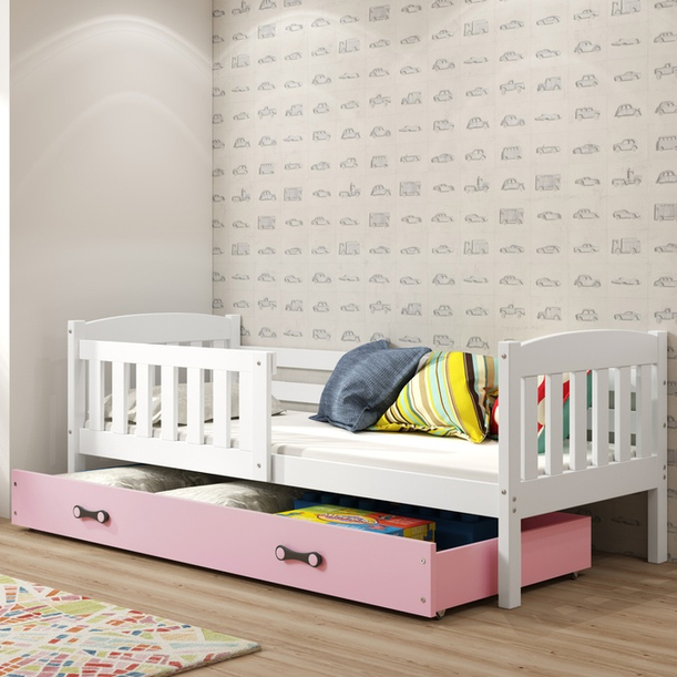Lit enfant simple Jacquot 80X160 avec tiroir, blanc/rose