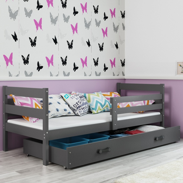 Lit ado simple Éric 90X190 avec matelas et tiroir, gris
