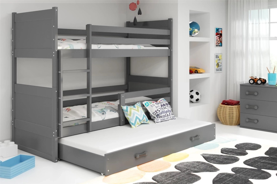 Lit ado superposé 3 places Rico 90X190 avec matelas et tiroir, gris