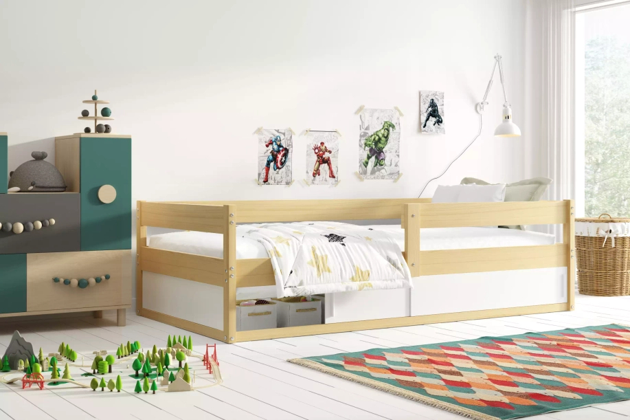 Lit enfant simple Hugo 80X160 avec matelas et rangement, pin