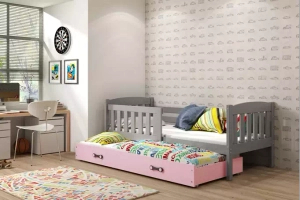 Lit ado gigogne Jacquot 90X190 avec matelas et tiroir, gris/rose