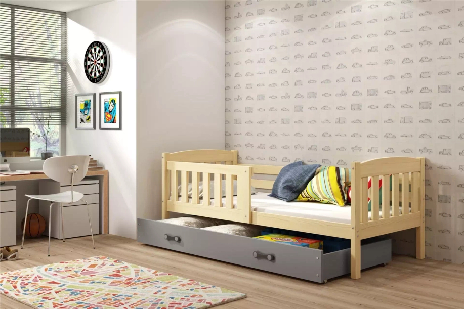 Lit enfant simple Jacquot 80X160 avec matelas et tiroir, pin/gris