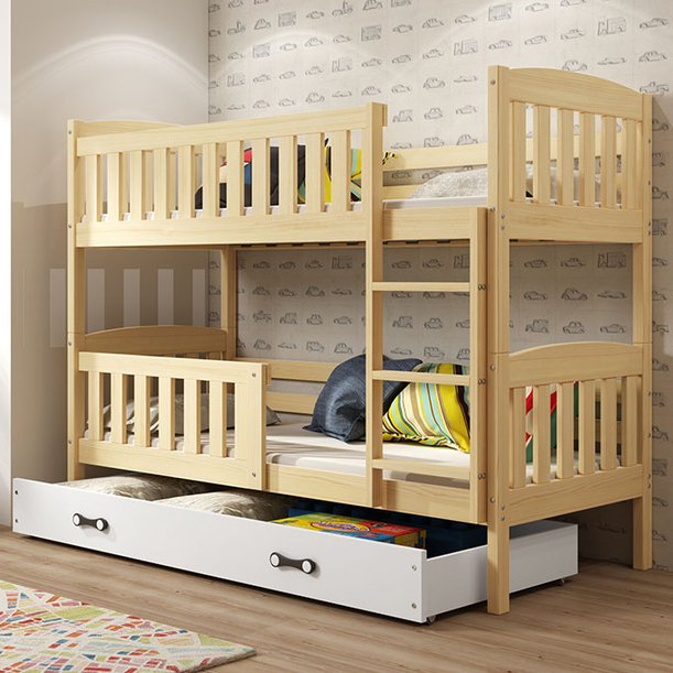Lit ado superposé Jacquot 90X200 avec matelas et tiroir, pin/blanc