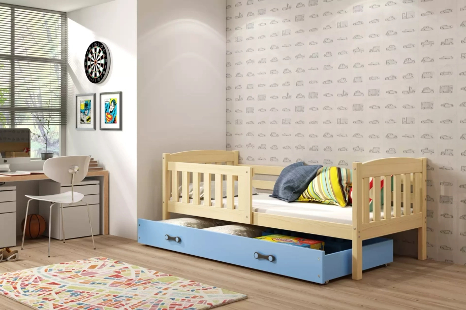 Lit ado simple Jacquot 90X190 avec matelas et tiroir, pin/bleu