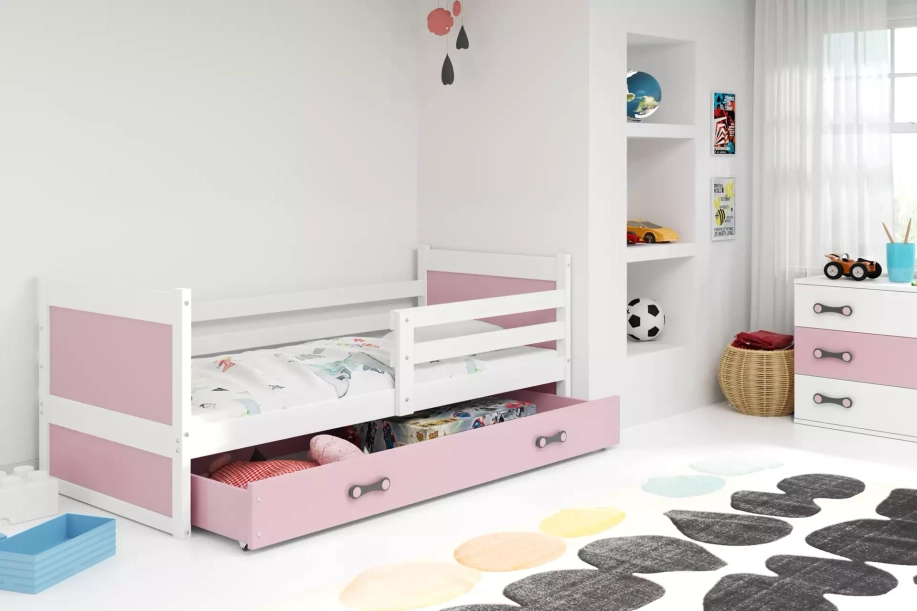 Lit ado simple Rico 90X190 avec tiroir, blanc/rose