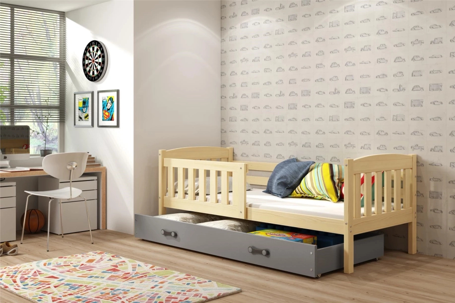 Lit ado simple Jacquot 90X190 avec tiroir, pin/gris