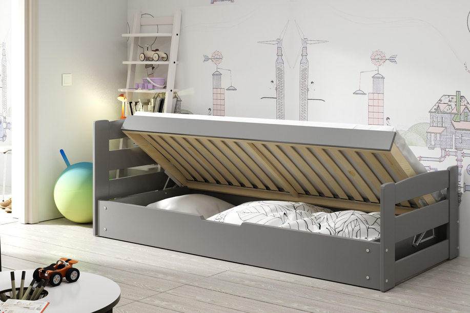 Lit ado simple Erni 90X200 avec coffre, gris