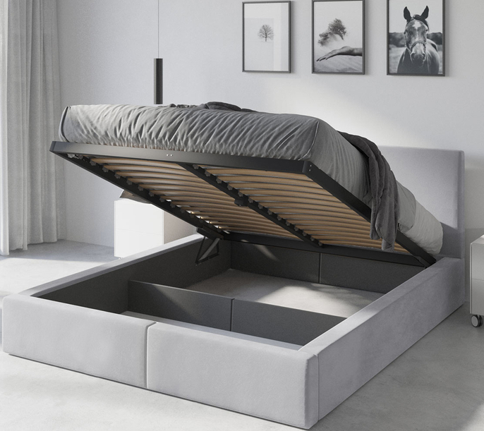 Lit double rembourré Le Hilton 180X200 avec coffre, gris clair