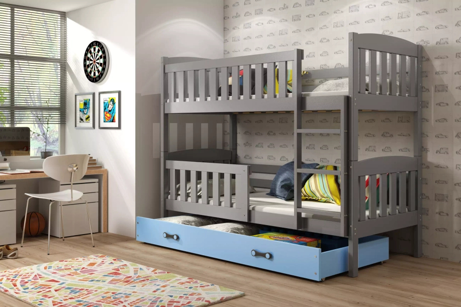 Lit ado superposé Jacquot 90X190 avec matelas et tiroir, gris/bleu