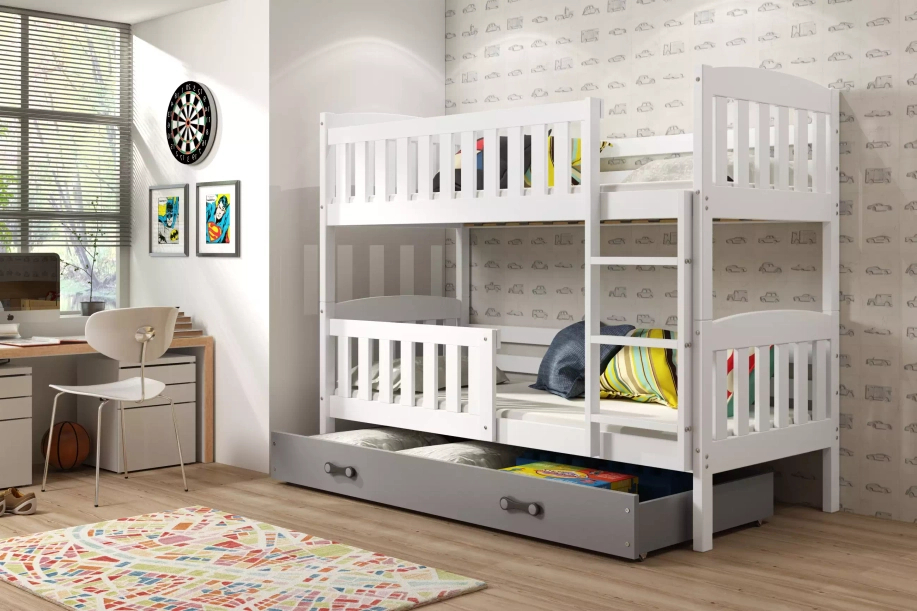 Lit ado superposé Jacquot 90X200 avec matelas et tiroir, blanc/gris