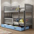 Lit ado superposé Jacquot 90X190 avec matelas et tiroir, gris/bleu