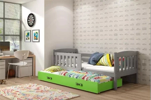 Lit ado gigogne Jacquot 90X190 avec matelas et tiroir, gris/vert