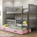 Lit ado superposé 3 places Jacquot 90X190 avec matelas et tiroir, gris/rose