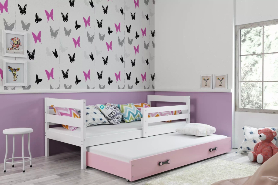 Lit ado gigogne Éric 80X190 avec matelas et tiroir, blanc/rose