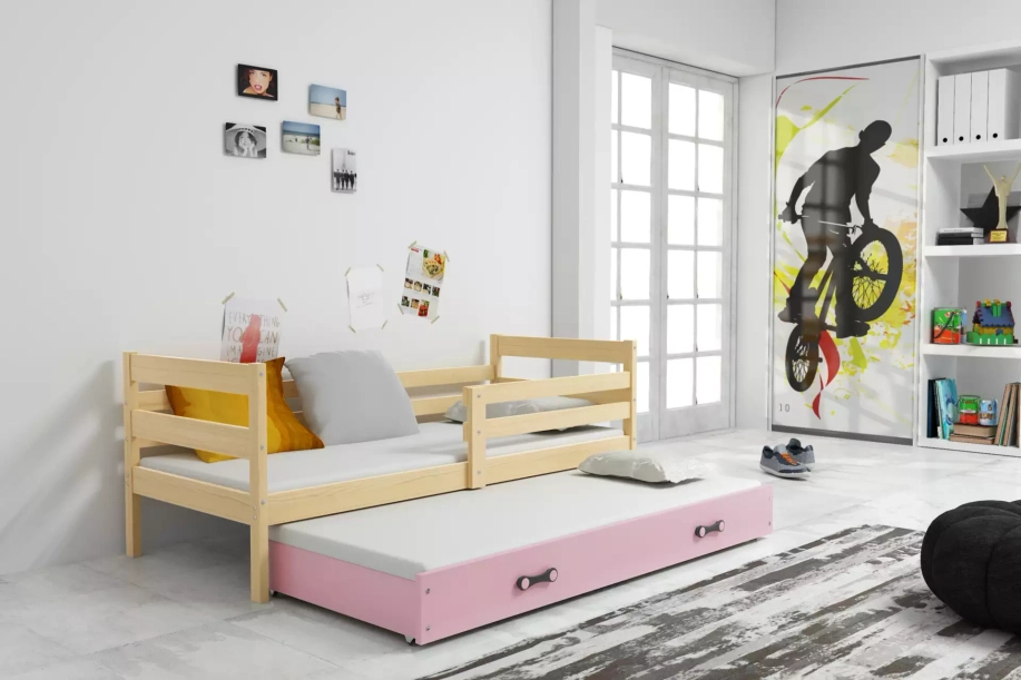 Lit ado gigogne Éric 90X190 avec matelas et tiroir, pin/rose