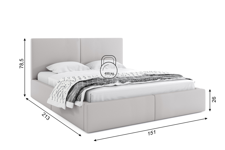 Lit double rembourré Le Hilton 140X200 avec matelas et coffre, gris clair