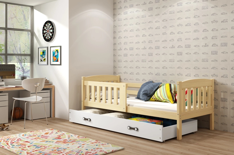 Lit ado simple Jacquot 80X190 avec matelas et tiroir, pin/blanc