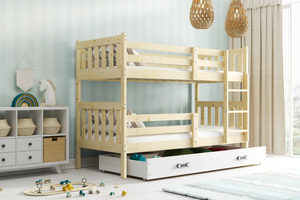 Lit ado superposé Gaspard 90X190 avec matelas et tiroir, bois naturel/blanc