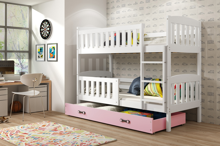 LIT ADOLESCENT SUPERPOSÉ 3 PLACES KUBUS LE CADRE EN BLANC LE TIROIR EN ROSE SANS MATELAS 90 X 200