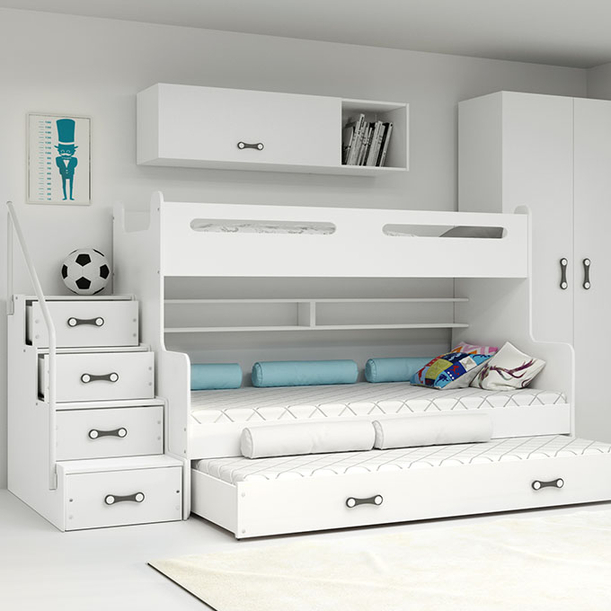 Lit ado superposé 3 places Max 3 120X200 avec matelas et tiroir, blanc