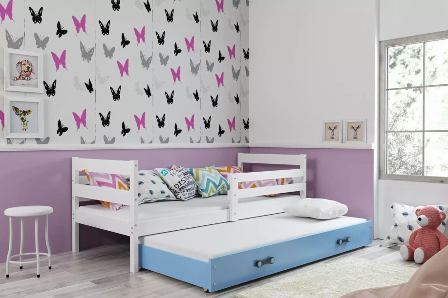 Lit ado gigogne Éric 90X190 avec matelas et tiroir, blanc/bleu
