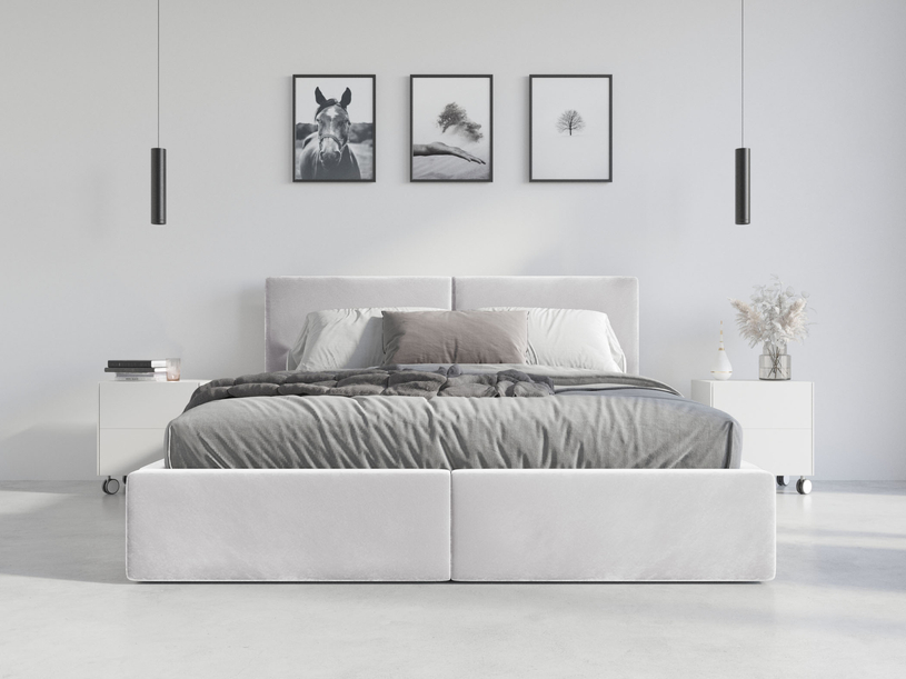 Lit double rembourré Le Hilton 140X200 avec matelas et coffre, blanc