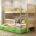 Lit ado superposé 3 places Jacquot 90X190 avec matelas et tiroir, pin/vert